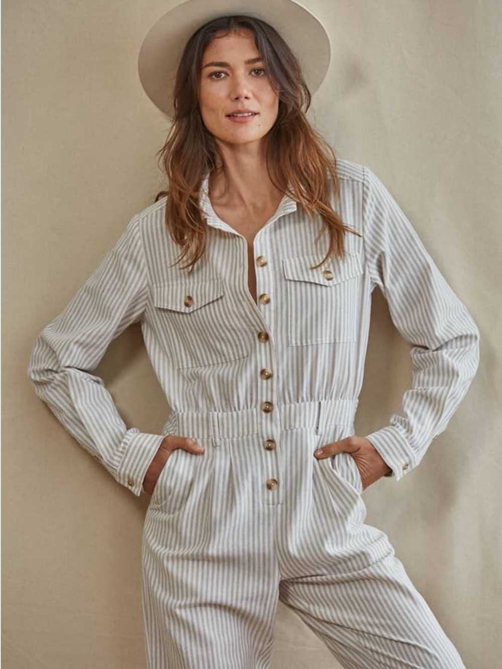 By Together Cream & White Striped Button-Front Utility Jumpsuit